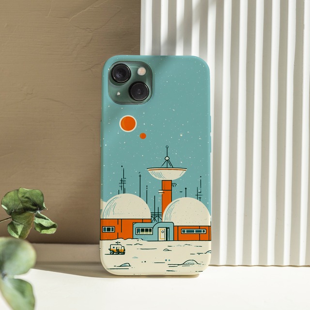 受注生産 iPhoneケース 宇宙タワーと小さな惑星基地｜レトロ宇宙 RFSP034A