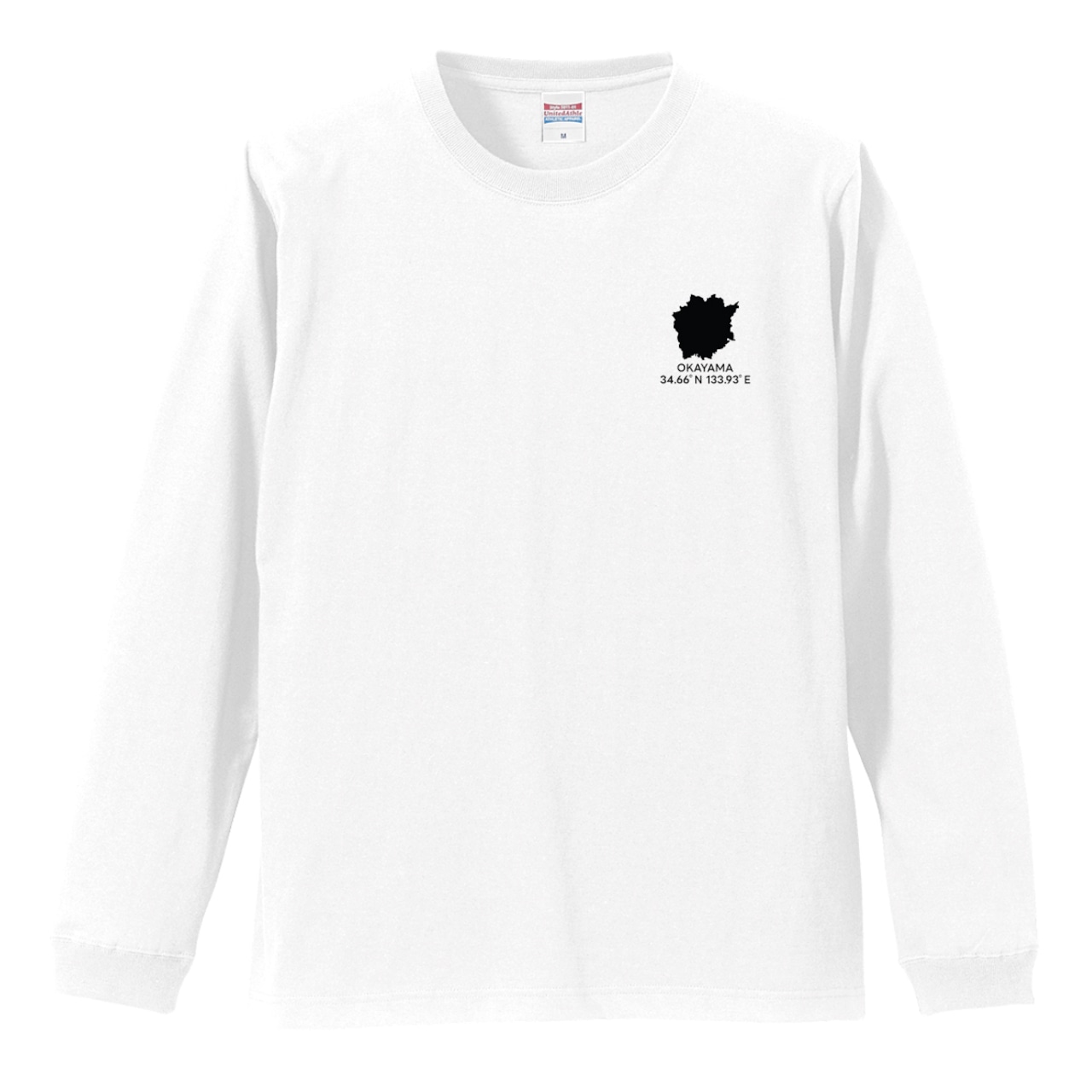 《岡山》 緯度経度ミニマルロングスリーブTシャツ|地図×地名×ワンポイントデザイン