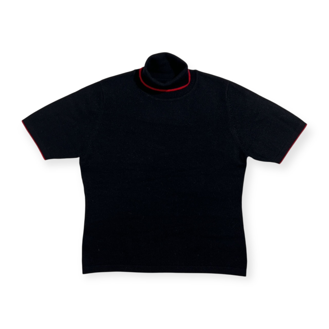 カシミヤ100% One Branch デザイン タートルネック 半袖 カシミア ウールニットセーター ハイゲージ ブラック×レッド/レディース