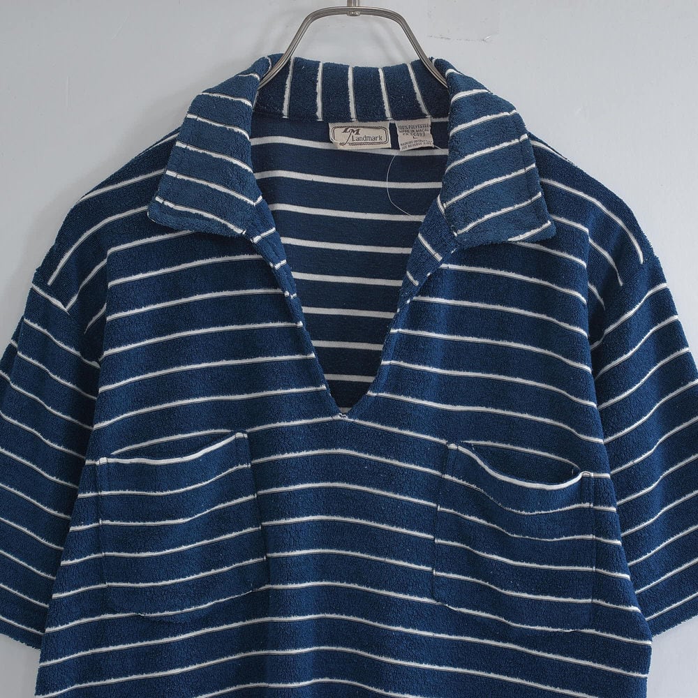 80~90s LM Landmark ランドマーク ボーダー柄 スキッパー パイルポロシャツ ヴィンテージ 半袖 ビンテージ USA アメリカ古着 メンズLサイズ