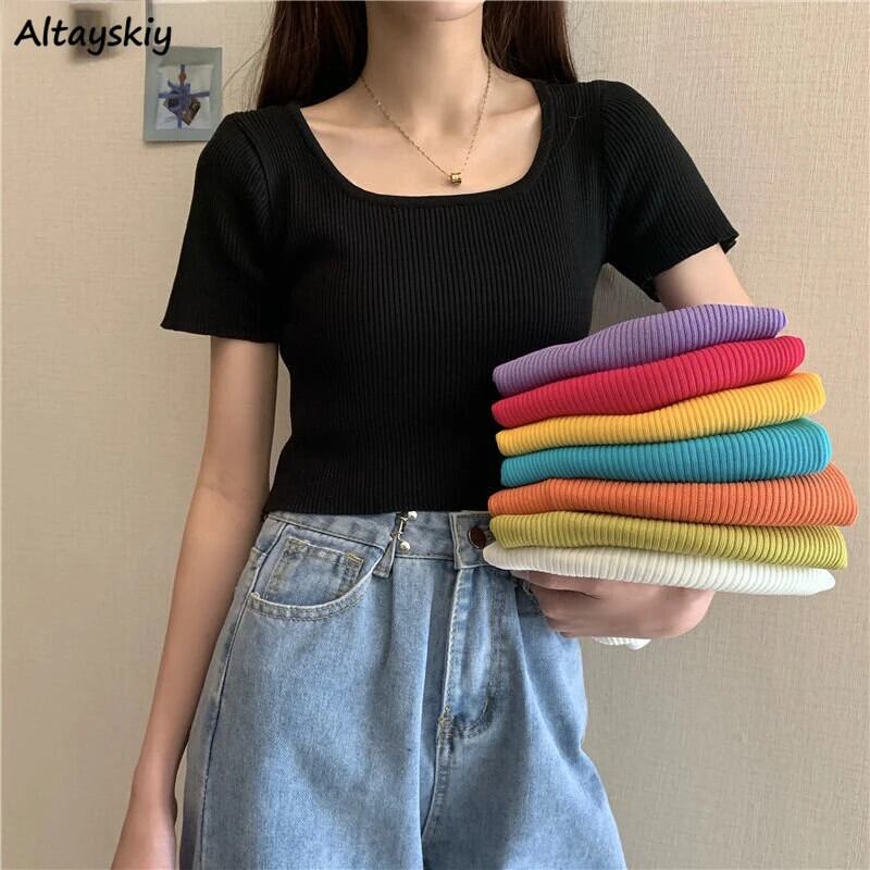 【新作】【送料無料】 Tシャツ女性ホット販売夏ニットクロップトップススリムオールマッチ Hotsweet スクエアカラーセクシーな韓国スタイル女の子シンプルな人気 039485277443