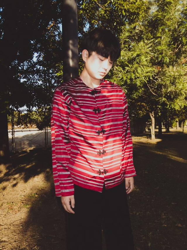 Kimono china shirt チャイナシャツ 着物リメイク カンフーシャツ ノーカラー ボーダー 赤×灰 バイカラー