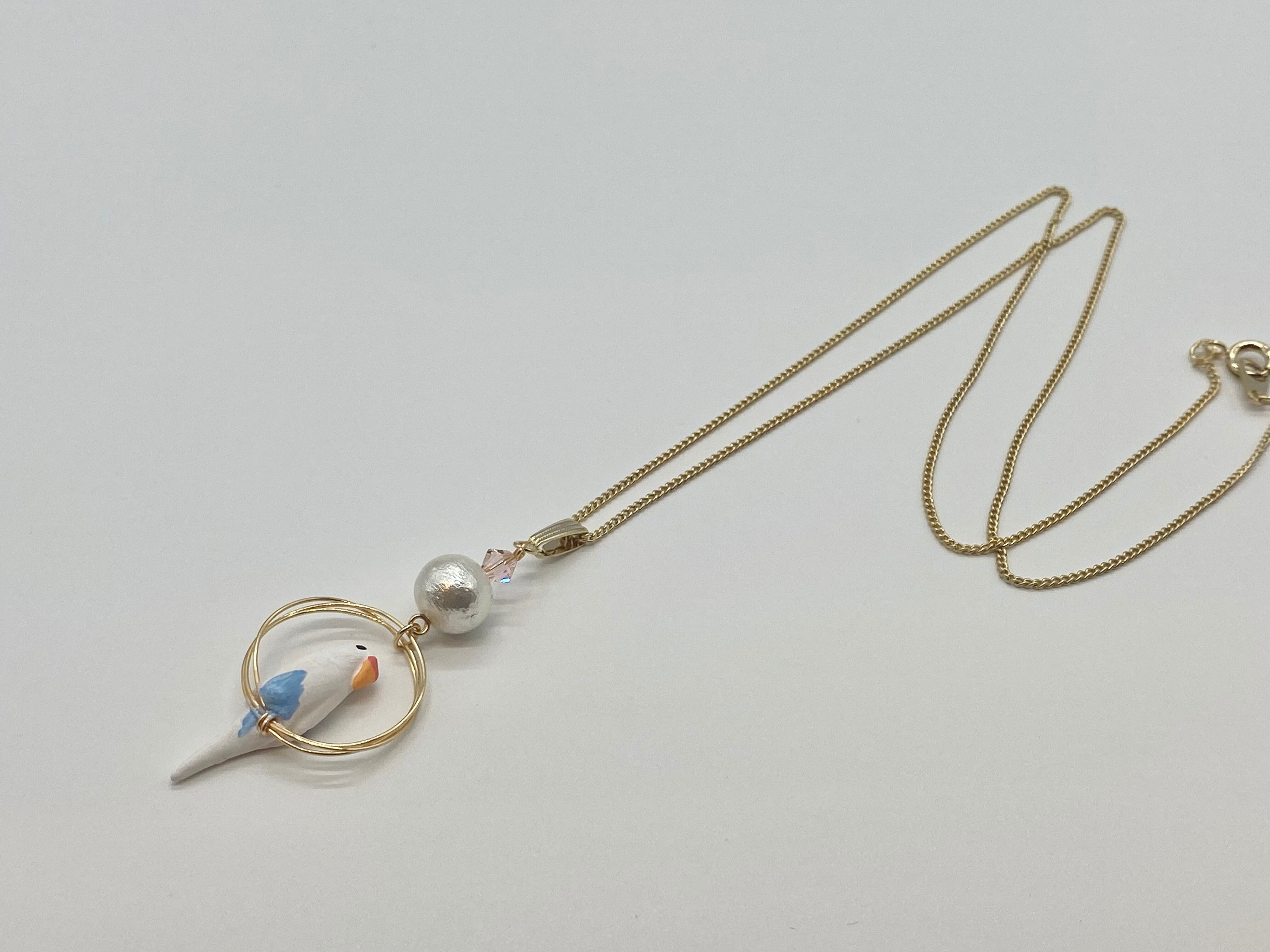 セキセイインコ白 コットンパール付ペンダント