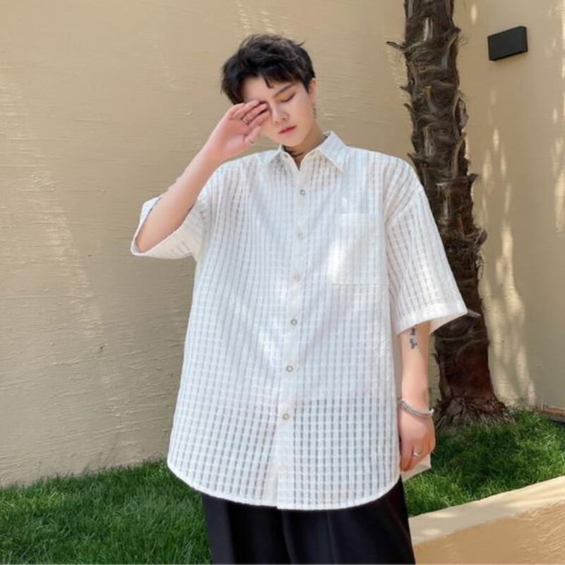 メンズ 半袖シャツ シアー 透け感 チェック柄模様 dark 黒ゴス クール