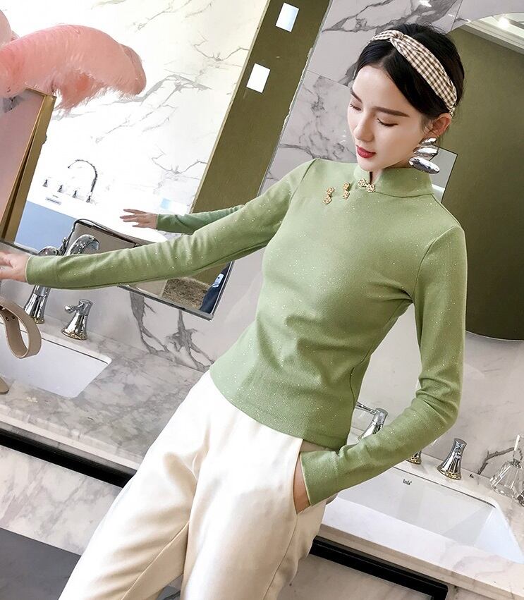 ニットトップス チャイナ襟 ゴールドボタン スリム | BringHappinessCstyle