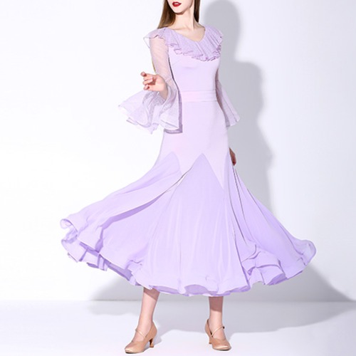 メッシュフリルスリーブ シフォンフレア ダンスドレス 3col　D00347