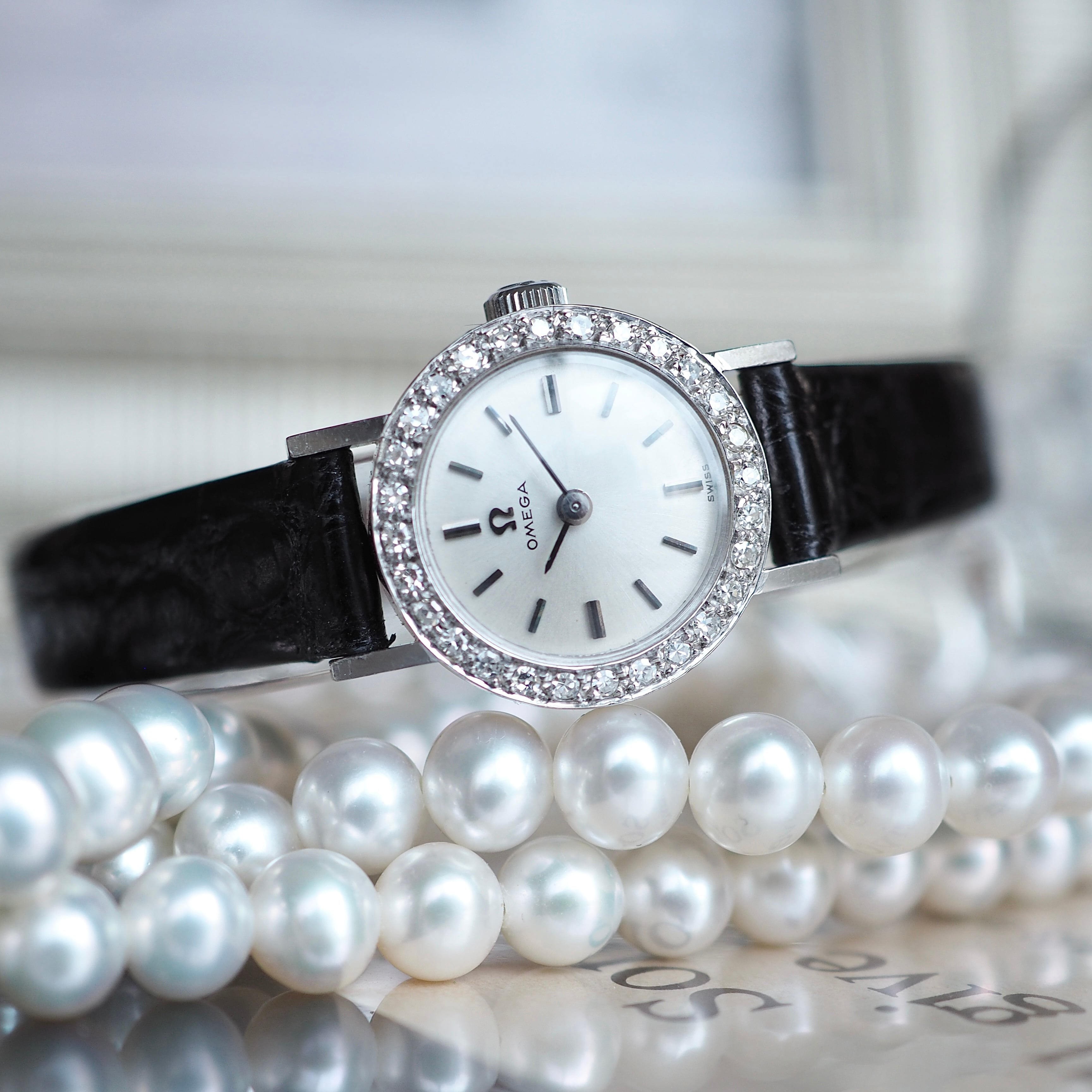 OH済 OMEGA アンティークK14 ダイヤモンドブレ腕時計 