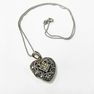 Vintage 925 Silver Marcasite Locket Pendant Necklace