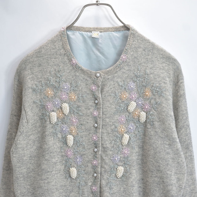 50～60s Vintage  Decoration Design デコレーション デザイン 3 D ウールニット カーディガン ヴィンテージ ビンテージ グレー 古着 レディースM相当