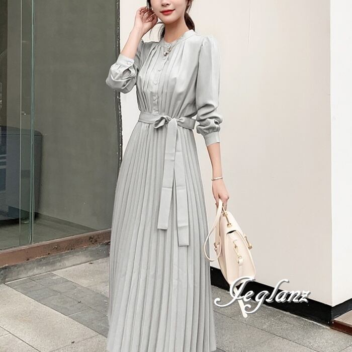 4色 プリーツ ワンピース ドレス 共ベルト Aライン 細見え(M6194)ζ