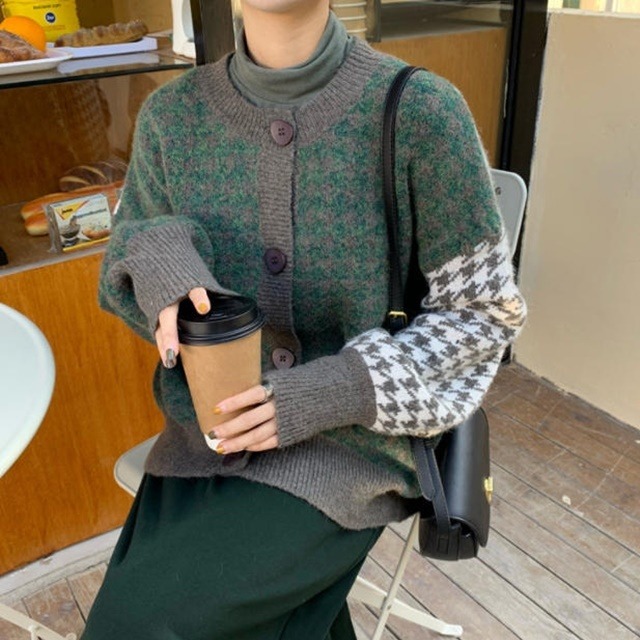 【送料無料】ニットカーディガン トップス 羽織 千鳥格子 ゆったり 長袖 大人可愛い きれいめ カジュアル レトロ お出かけ デート 普段使い デイリー 着回し TO-334IU