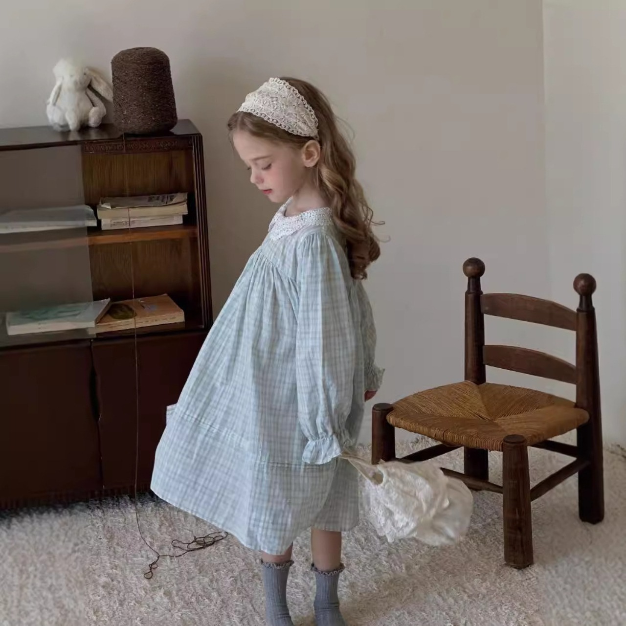 秋レース襟チェック柄ワンピース