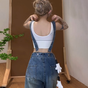 レトロヴィンテージデニムサロペットパンツ（アクセサリーチェーン付き）