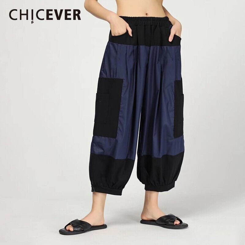 CHICEVER Spring Vintage Patchwork Women Pants Elastic Mid Waist Loose Oversize Pockets Pleated Harem Pants 2020 エラスティック 伸縮 プリーツ スプリング 春物 ビンテージ 6base547443453840