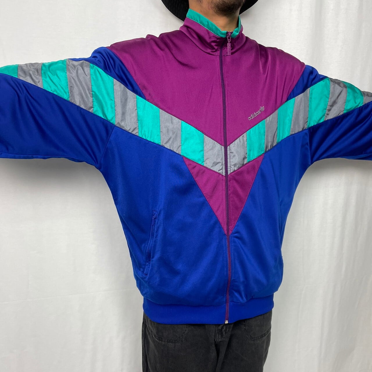 80sヴィンテージ adidasナイロンジャケット　パープルブルー　XL