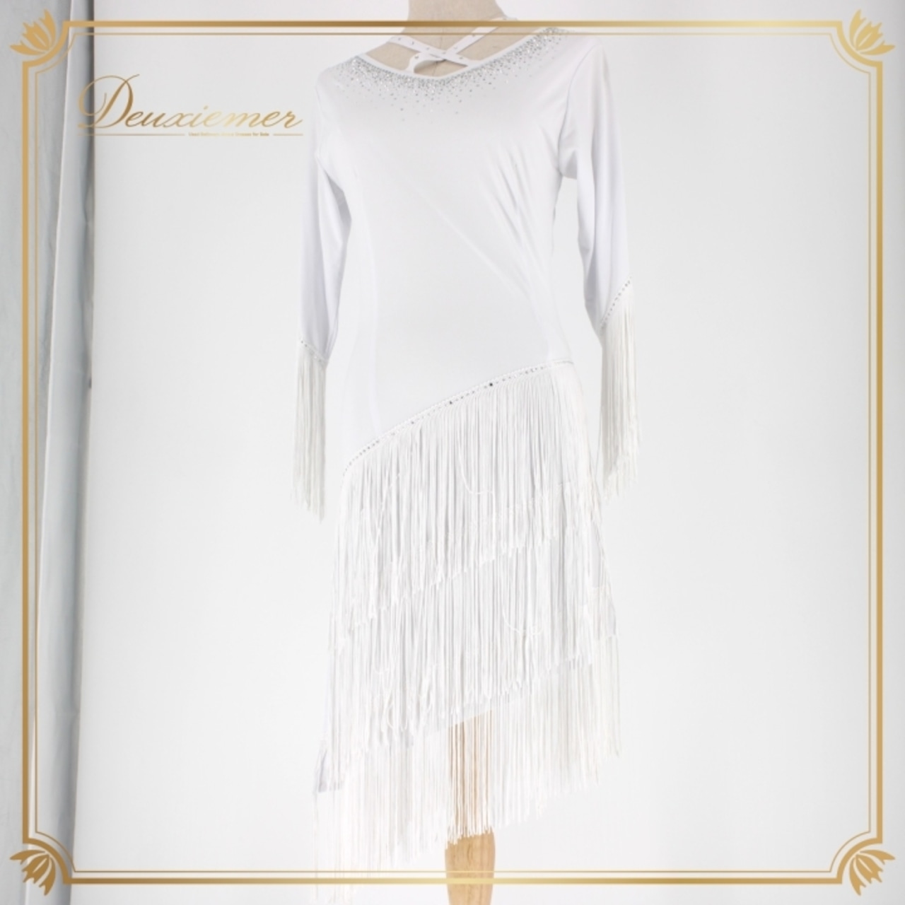 社交ダンス 衣装 ラテン ドレス ワンピース パーティドレス solo ICHIOKU イチオク 白 ホワイト系 長袖 デモ ラインストーン 無地 エレガント フリンジ おしゃれ ステージ 衣装 発表会 美しい 躍動感 大人 女性用 カジュアル パーティー向け 伸縮性あり ファスナー付き ポリエステル製 ダンスパフォーマンス 高級感 上品 コンサート用