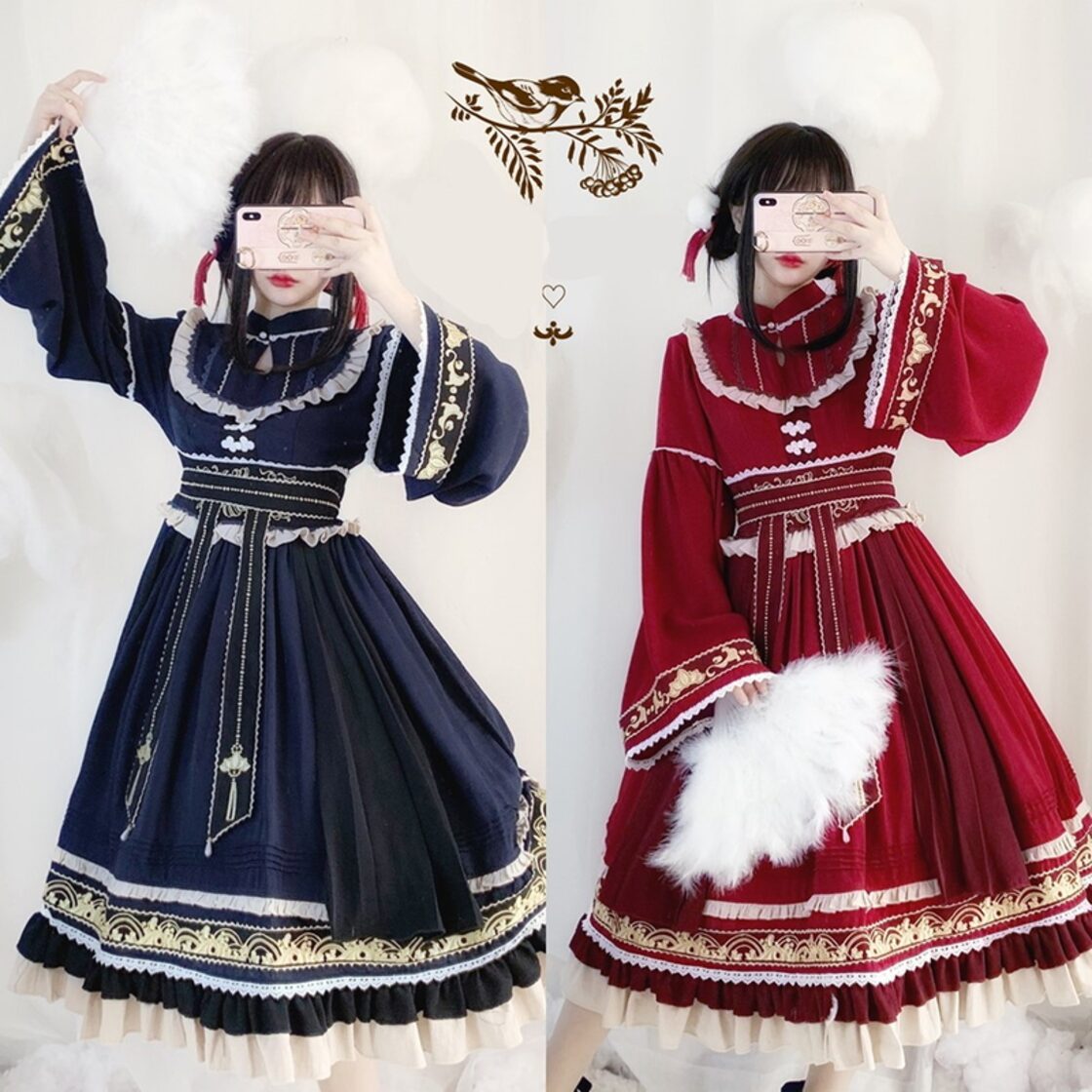 ゴスロリ系 病み可愛い ワンピ ネックギャザー ハイウエスト ワイド 