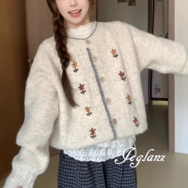 ニット カーディガン セーター フラワー刺繍 カジュアル レトロ感（MA958）σ，ς＊