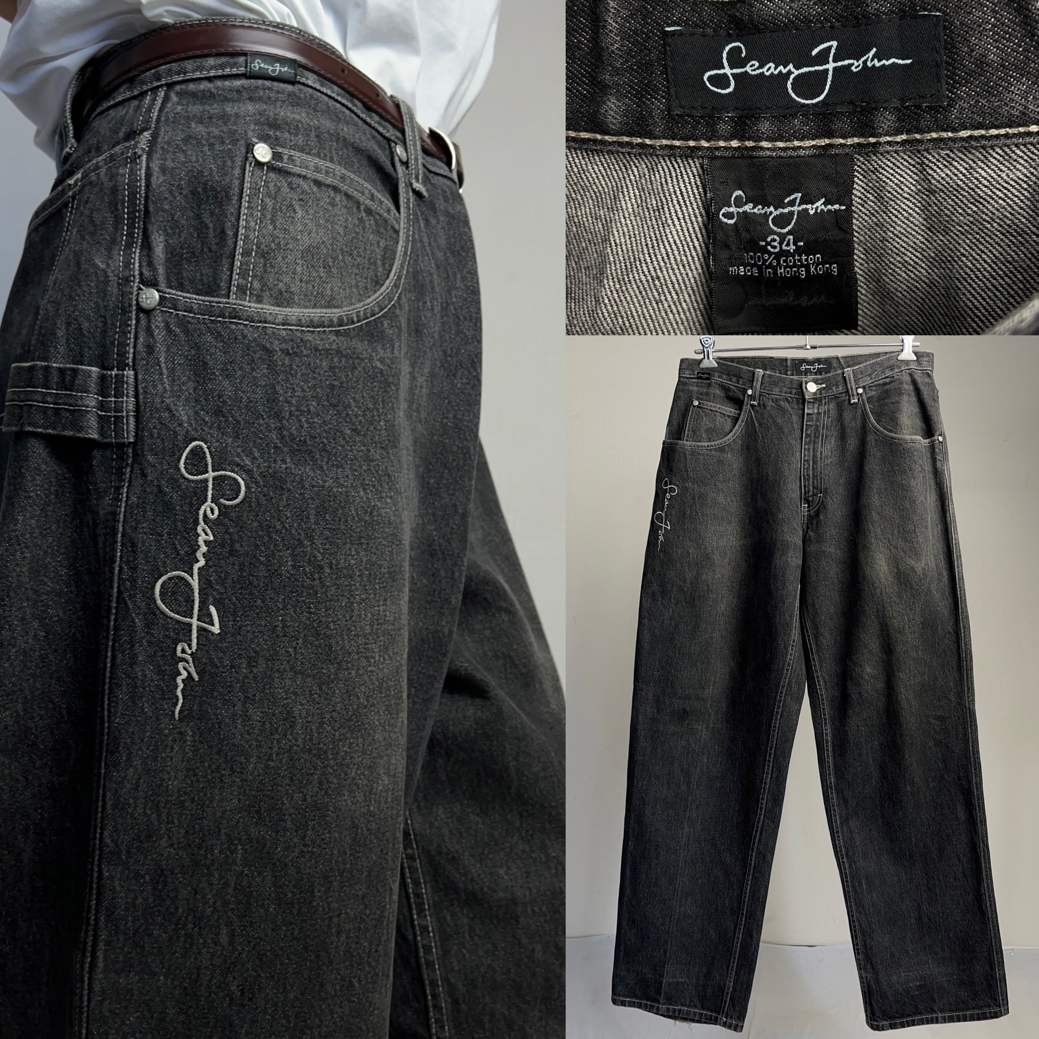 “SEAN JOHN” BLACK DENIM PAINTER PANTS 先染め W34 ショーンジョン ワイドデニムパンツ  ブラックデニム【0801A01】【送料無料】