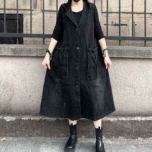 BLACK HOODED SLEEVELESS MIDI DENIM DRESS JACKET 1color M-16314