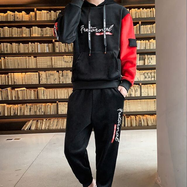 【予約販売】メンズ セットアップ 上下 フード付き ベロア調 もこもこ ブラック グレー 長袖 防寒 ジム スポーツウエア カジュアル 秋冬 大きいサイズ M/L/XL/2XL/3XL