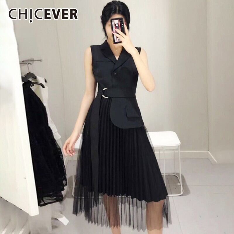 CHICEVERパッチワークメッシュドレス女性ノースリーブレースアップスリムパーティードレス服 6base54942949369