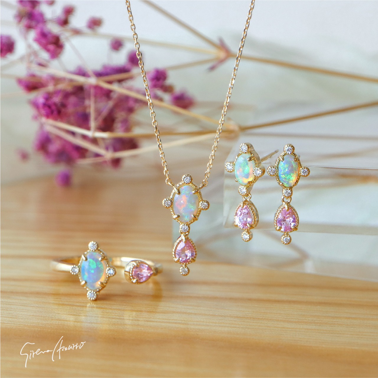 K18YG オパール/ピンクサファイア/ダイヤモンド ピアス | Sirena Azzurro