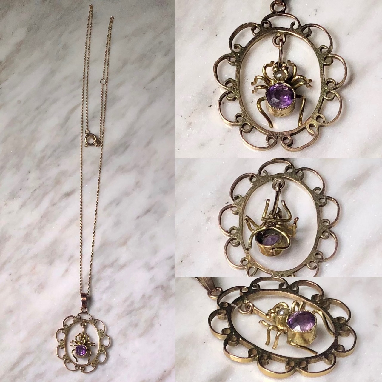 antique victorian 9ct gold spider motif pendant set with amethyst