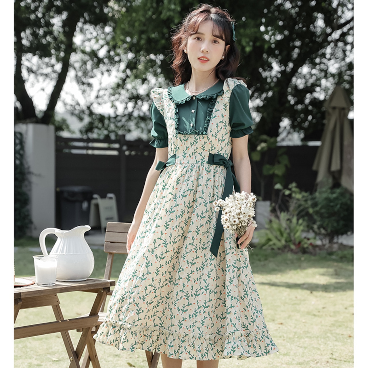 フレンチガーリー花柄ワンピース ミモレ丈 小花柄 フラワー リボン  
