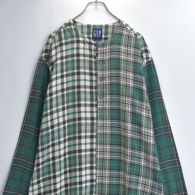 90s GAP ギャップ シャツワンピース クレイジーパターン タータンチェック ロング プルオーバー ノーカラー グリーン USED ヴィンテージ ビンテージ 古着 レディース XL相当