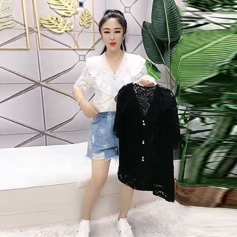 サマーレースTシャツ シャツ ソリッド カラーVネックルーズ薄手 大きめサイズ 夏物 ソリッドカラー ミックスインファッション79915249357