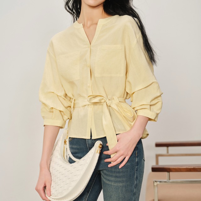 ウエストリボン付き パフスリーブブラウス 00081