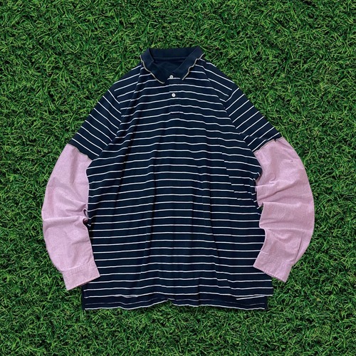 【リメイク古着】長袖ポロシャツ再構築メローフリル シャツ袖×ボーダーポロシャツ