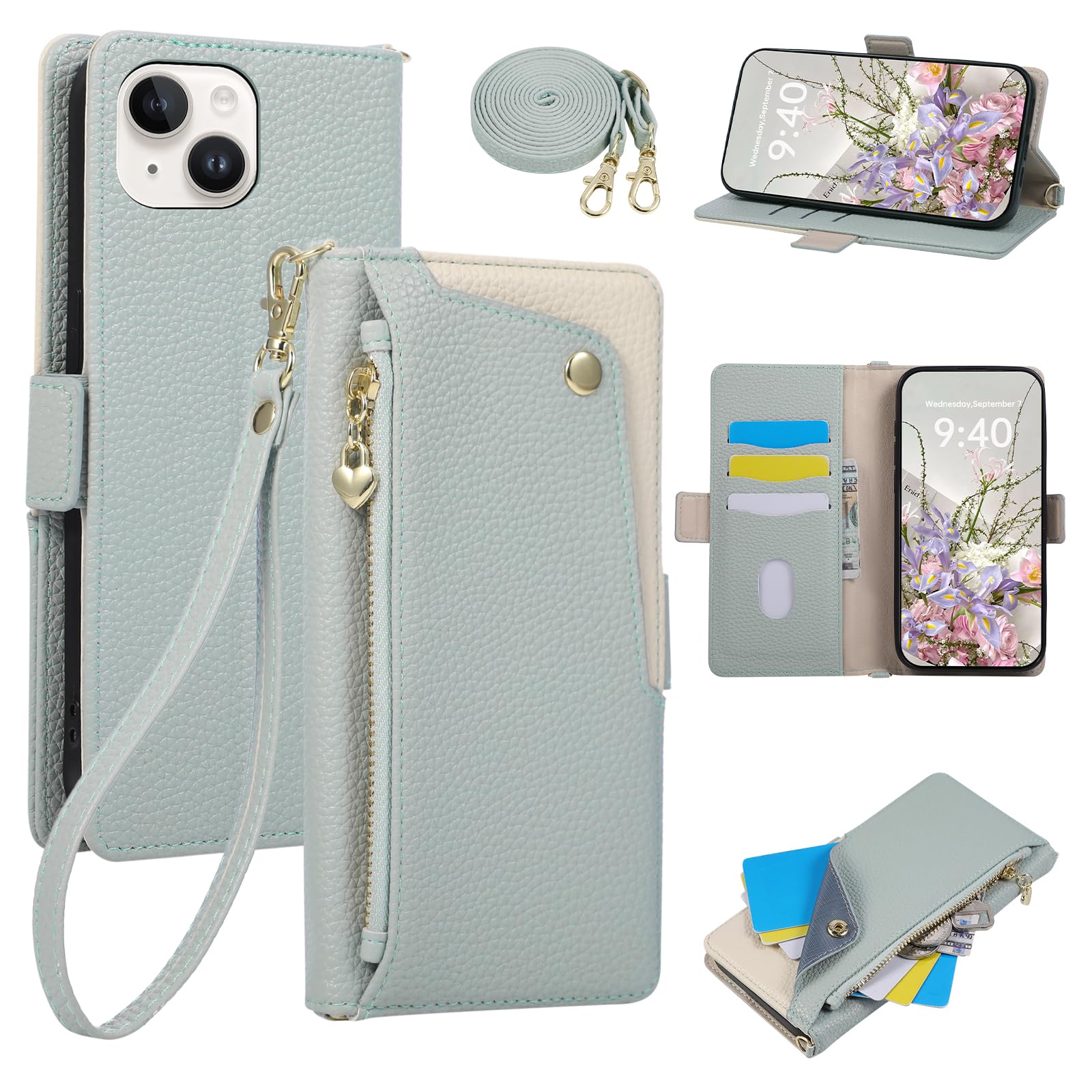 LBLB iPhone 15 用 ケース 手帳型 いphone15 ケース ショルダー 表面ポケット (ブルー)