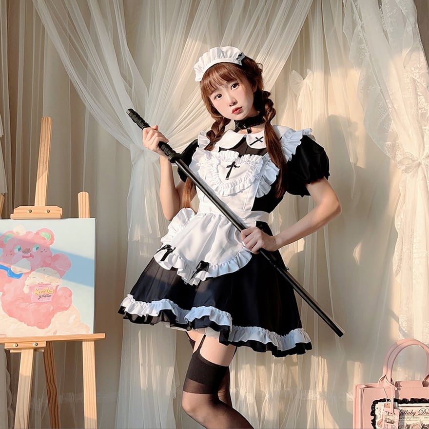 メイド服 フルセット ワンピ エプロン 頭飾り 首飾り コスプレ コン