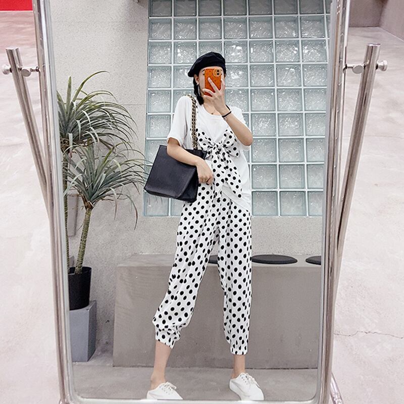 サマーリボンスタイルカジュアルTシャツ クロップドパンツ ストリート 大きめサイズ 夏物 ミックスインファッション58077982419