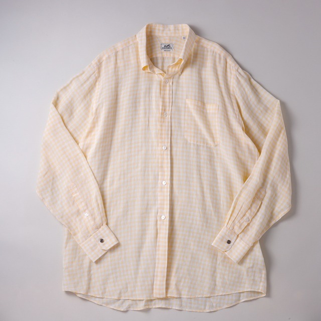 【定価15万】HERMES special B.D. linen shirt made in France yellow check mint condition ／ エルメス スペシャル リネン シャツ イエロー チェック フランス製 サイズ43 実寸XL 長袖 セリエボタン ほぼ未使用
