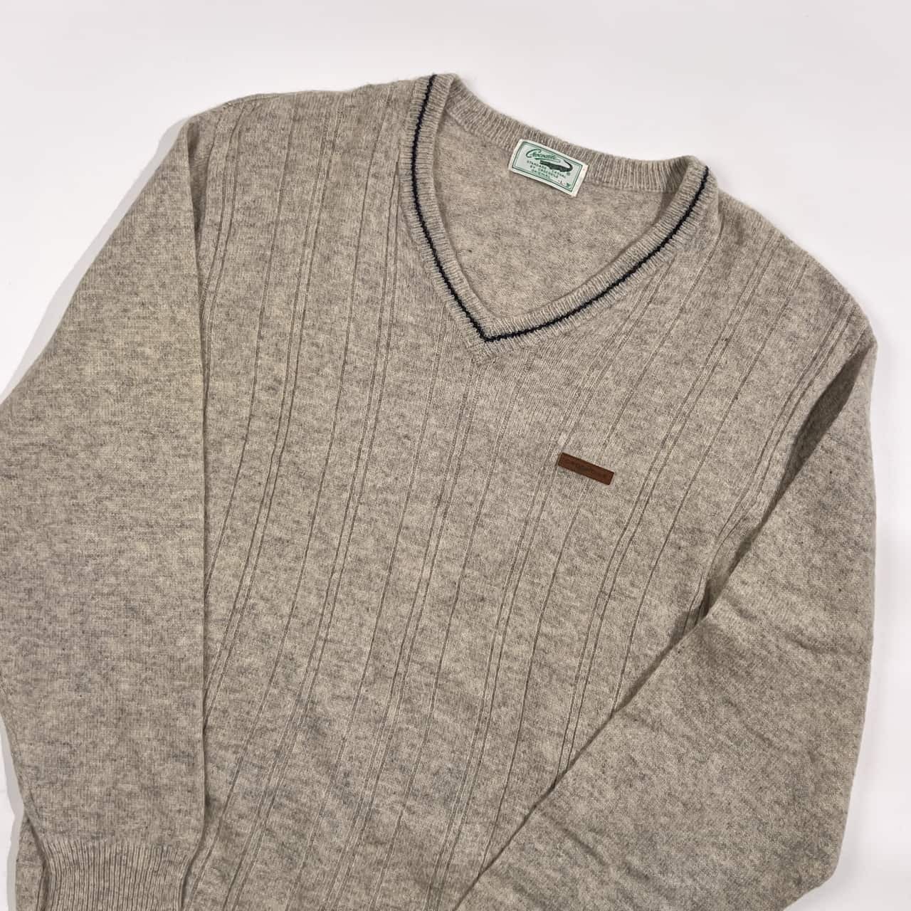 Crocodile クロコダイル Vネック ライン入り ウール混 ニット セーター L/ライトベージュグレー系 メンズ