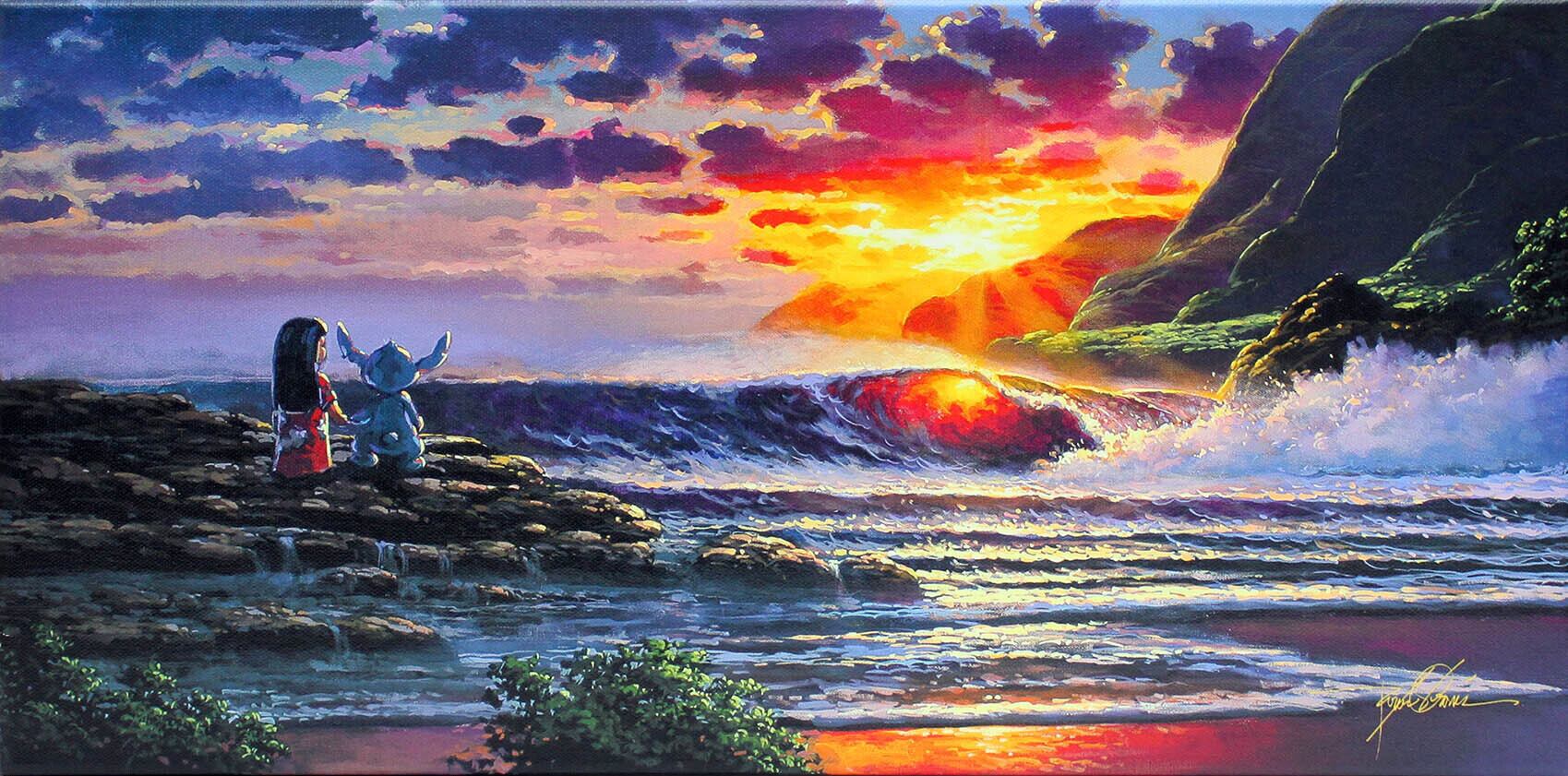 ディズニー絵画 リロ スティッチ シェア ア サンセット 作品証明書 展示用フック付 限定1500部キャンバスジークレ ディズニー絵画 ポスター