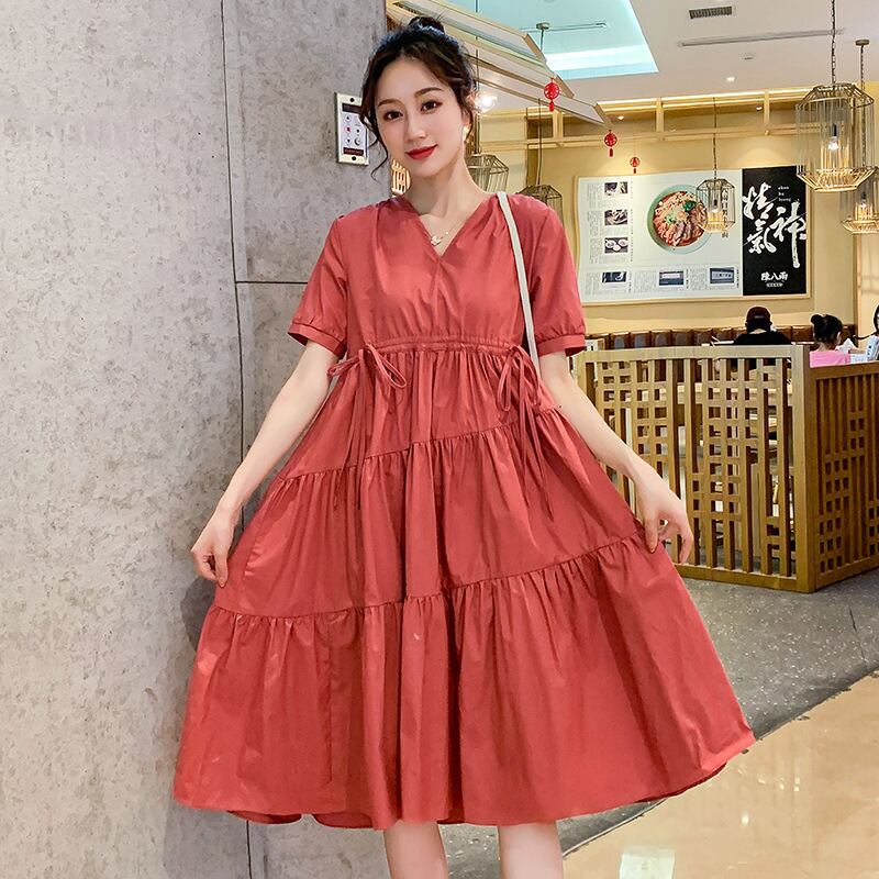【新作】【送料無料】 マタニティウェア2020夏の新しい綿とリネンのステッチVネックの年齢を減らすドレス、トレンディな母親のミドル丈のルーズマタニティドレス-アリババ コットン サマー 夏物 expec29159253508