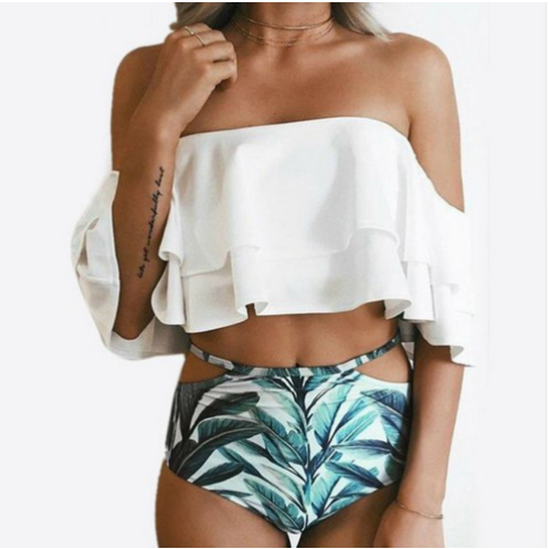 オフショルダー ビキニ ボタニカル柄 ホワイト