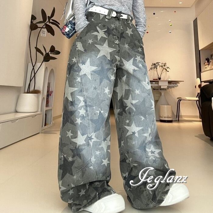 デニム フル スター デザイン ストリート ワイド レッグ パンツ(MC260)