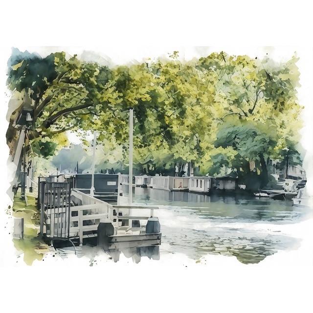 絵画 風景画(街並み) オランダ アムステルダム 川沿いの緑の木々 インテリアアート額付き 水彩画・油絵調 WAT0677