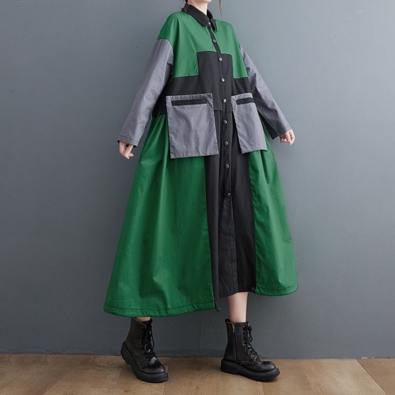 パッチワークデザイン ロングシャツワンピース 00112