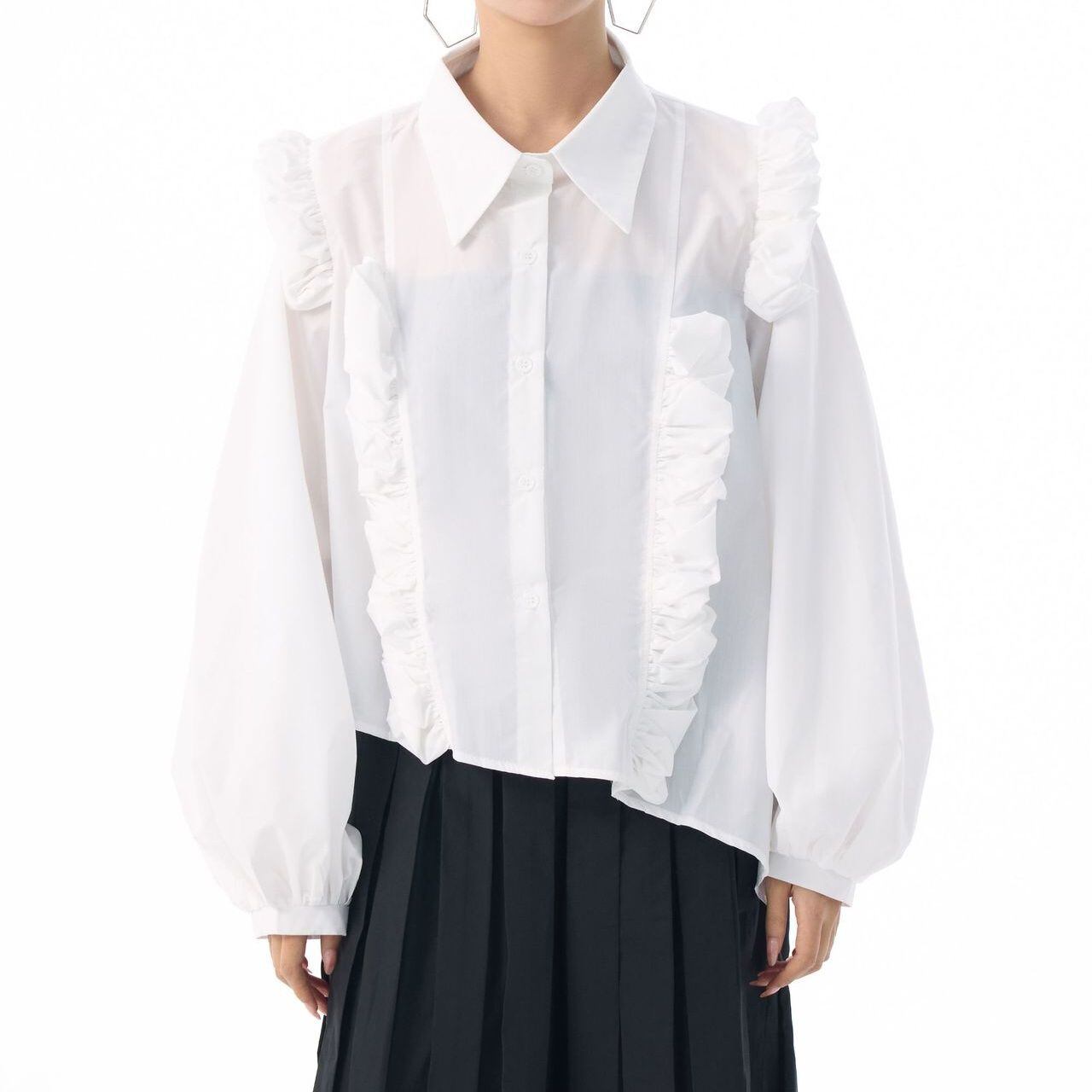 SOLID 3D FRILL LANTERN SLEEVES DESIGN SHIRT 3colors M-15272
