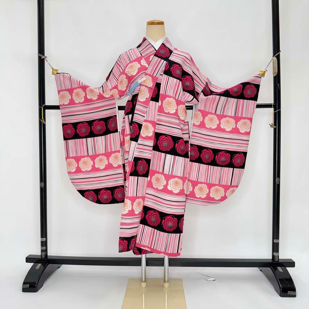 二尺袖 単品 卒業式着物 ピンク 裄69cm LLサイズ  袴用着物 化繊 中古 4568 二尺袖 単品 卒業式着物 ピンク 裄69cm LLサイズ 袴用着物 化繊 中古