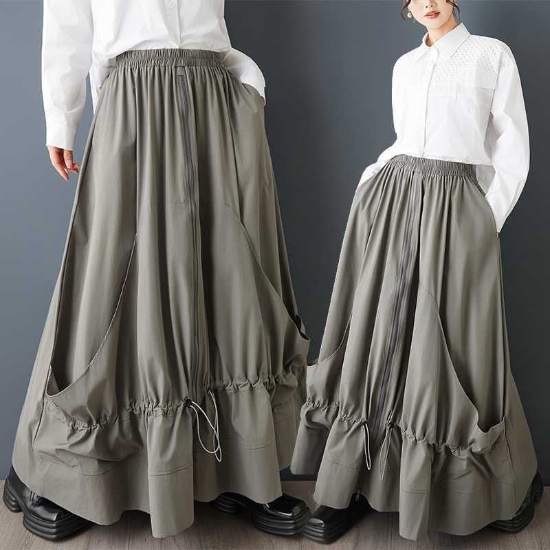 GRAY ELASTIC WAIST A-LINE MIAXI DESIGN SKIRT 1color M-15802