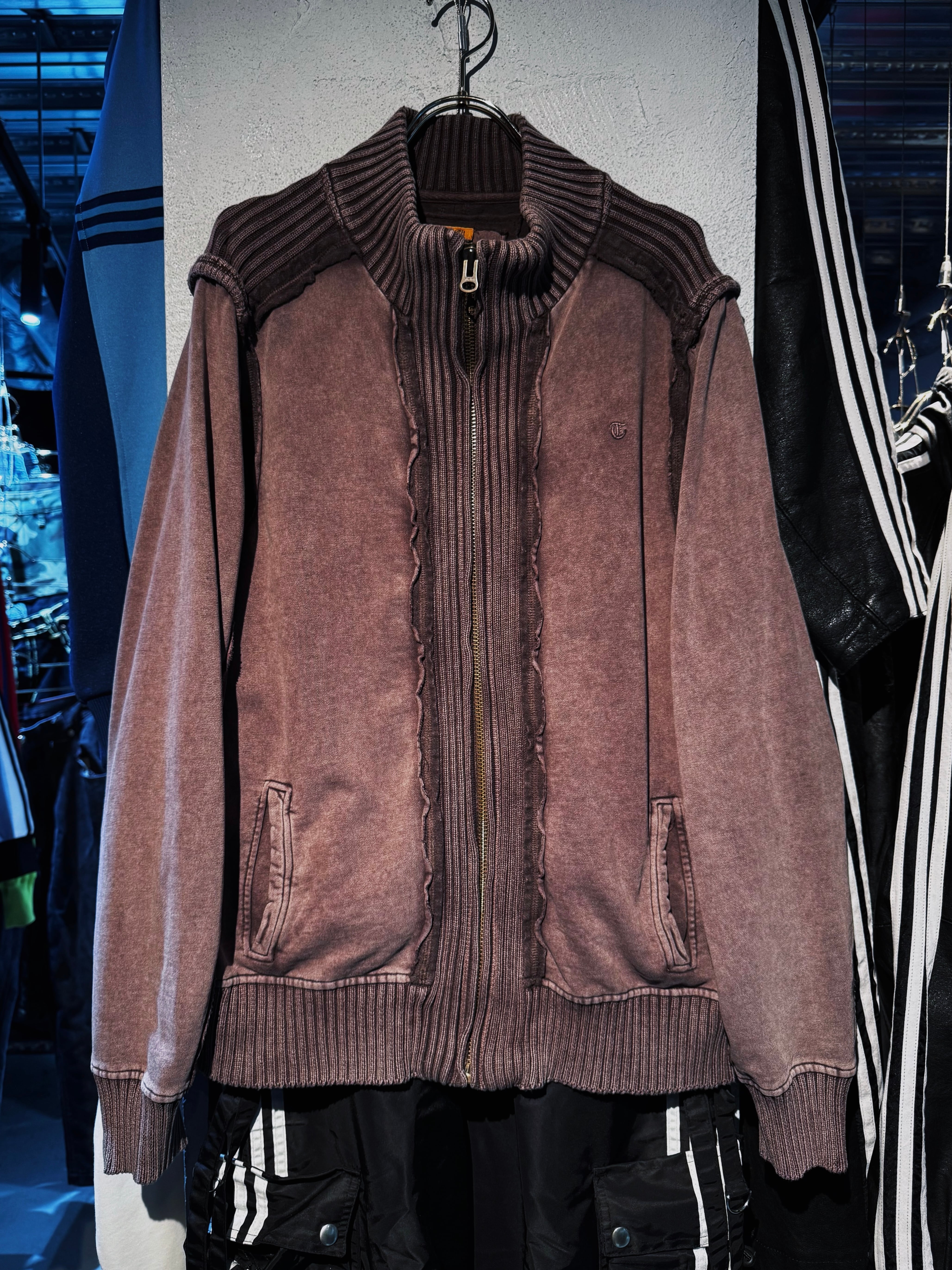 vintage pigment dye switching rib design stand neck zip drivers knit