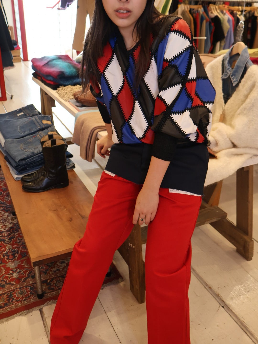 leather patchwork design top【1891】