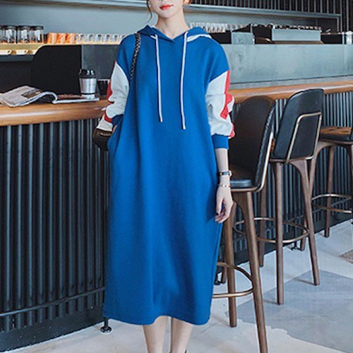 フード付きワンピース レディース ワンピース スウェット フリース 長袖 配色 カジュアル ゆったり パーカーワンピース ロング丈 着痩せ フード付きワンピース レディース ワンピース スウェット